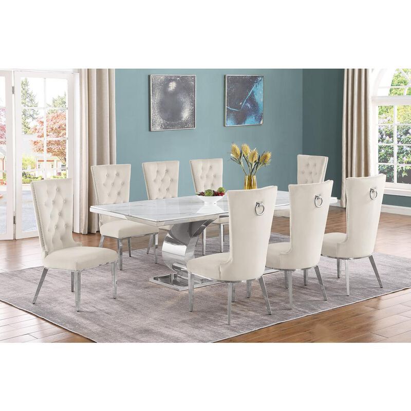 Best Quality Furniture 9pc Large(87) marble top dining set with silver base and  8 Cream side chairs image number 2