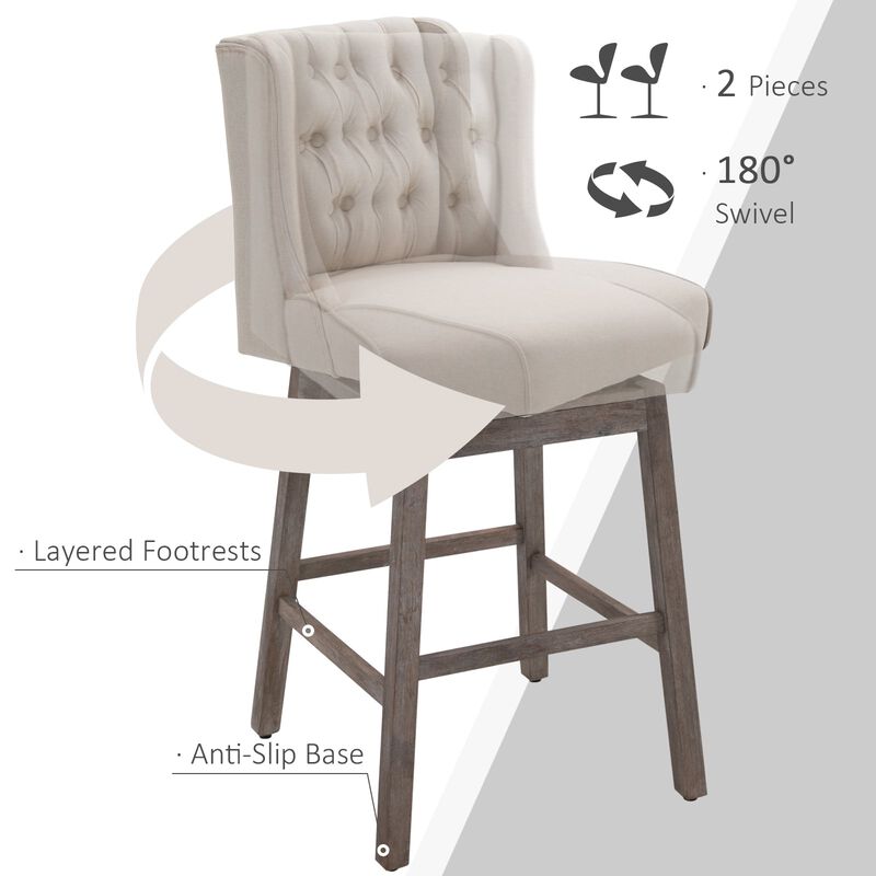 Beige Bar Duo: 2 Swivel Stools with Footrest, 180&deg; Rotation