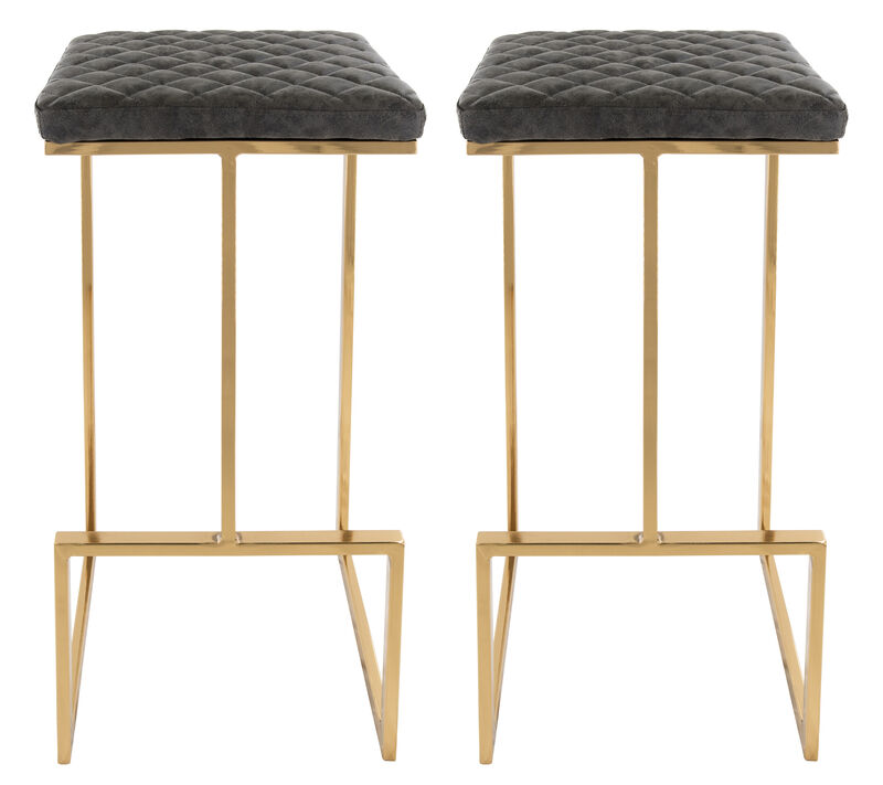 LeisureMod Quincy Stitched Leather Gold Metal Bar Stools &ndash; Set of 2, Stylish and Comfortable Seating