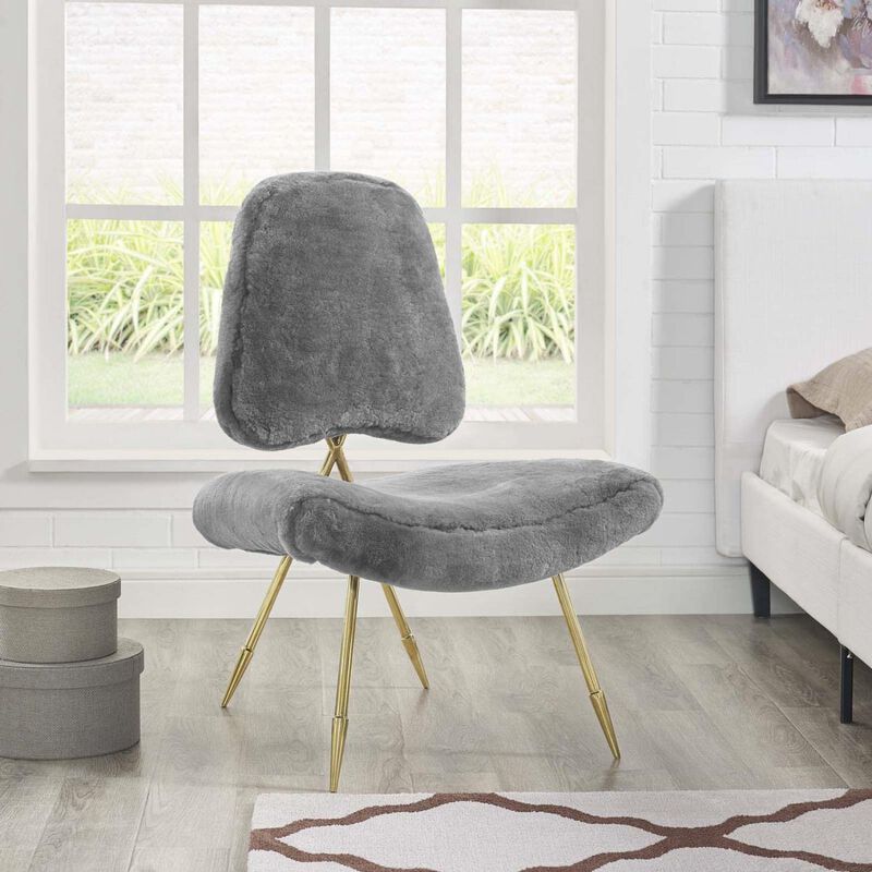 Modway Ponder Contemporary Modern Sheepskin Fur Lounge Accent Chair in Gray