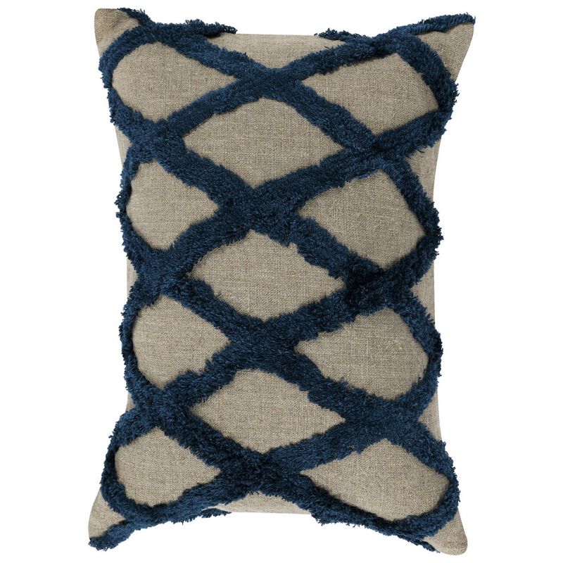 Lo 14 x 20 Lumbar Linen Accent Throw Pillow, Tufted Diamond Pattern, Blue - Benzara