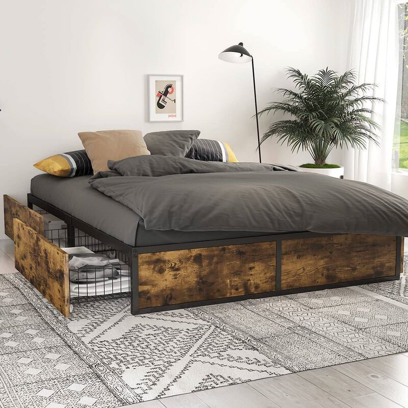 QuikFurn Full Metal Wood Platform Bed Frame with 4 Storage Drawers - 600 lbs Max Weight
