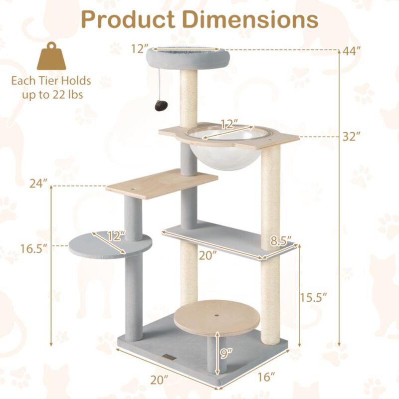 Hivvago Modern Cat Tree 44 Inch Multi-level Cat Tower with Removable Padded Top Perch