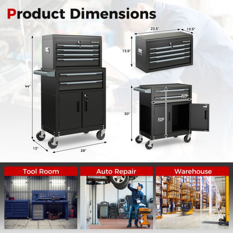 2-in-1 Rolling Tool Storage Cabinet with Drawers and Hooks image number 3