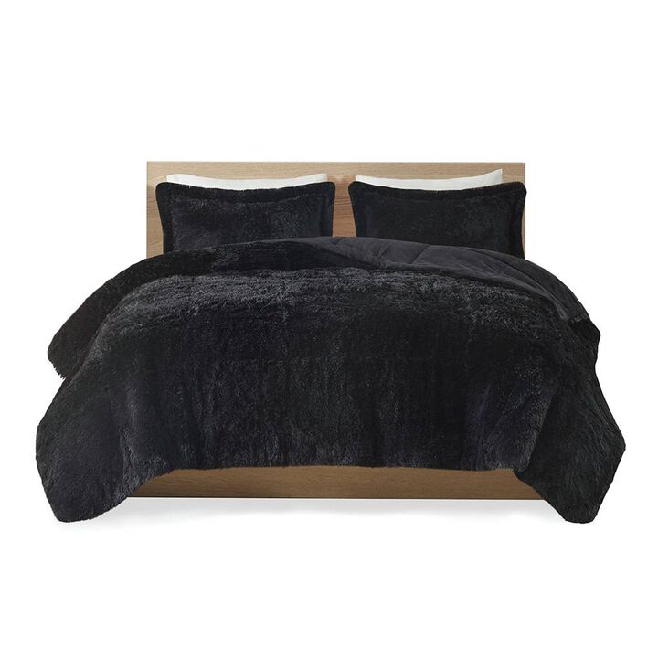 Full/Queen Black Soft Sherpa Faux Fur 3 Piece Comforter Set with Pillow Shams