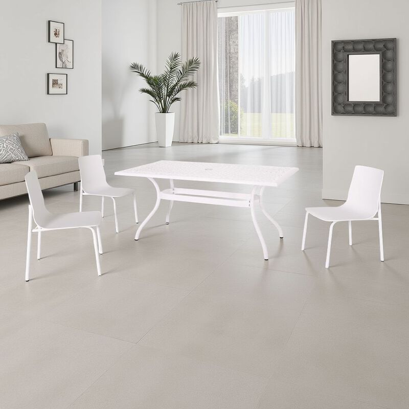 Toni Table, 67 Inch Rectangular Lattice Top, Saber Legs, White Aluminium - Benzara