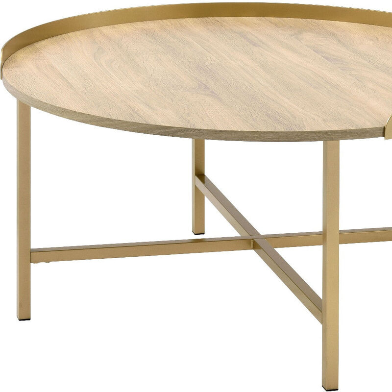 Homezia 34" Gold And Oak Manufactured Wood And Metal Round Coffee Table