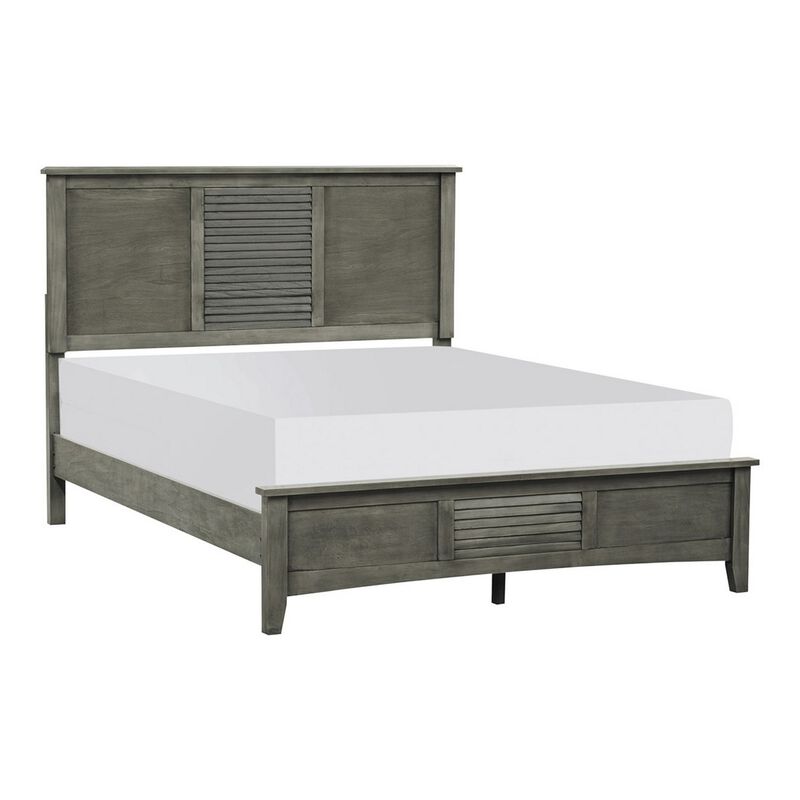 Transitional Queen Size Bed, Headboard, Louvered Panel Design, Gray Finish-Benzara