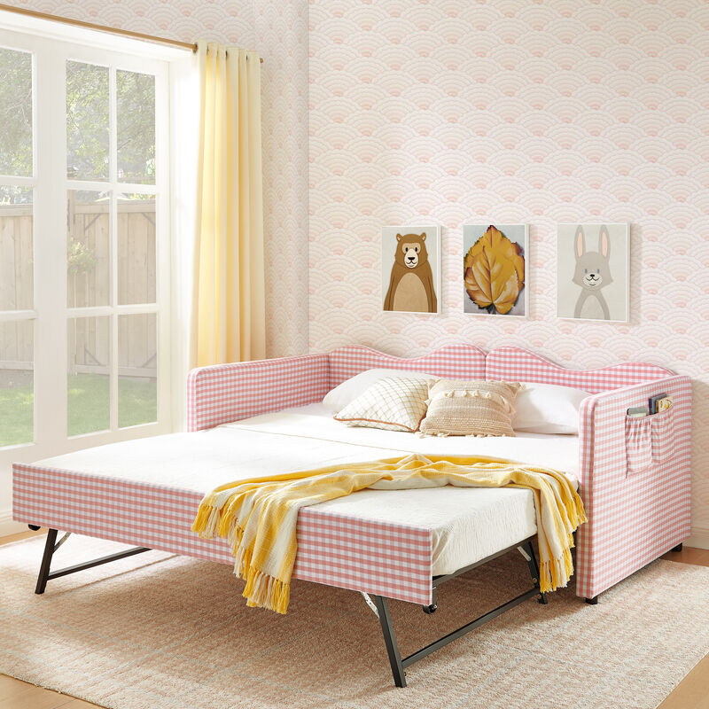 Merax Gingham Daybed with Trundle & Guardrails &ndash; Solid Wood Frame, Side Storage Pocket image number 2