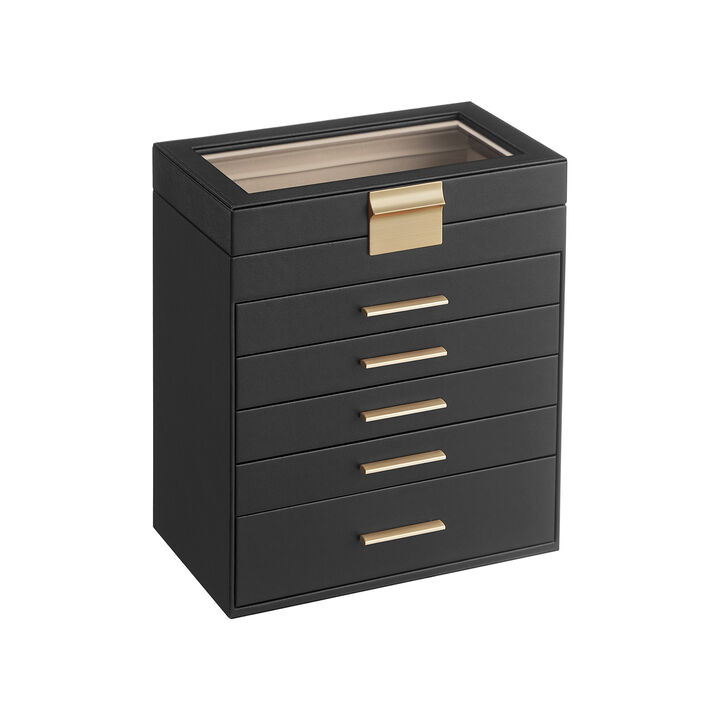 6-Layer Jewelry Box with Glass Lid for Large Jewelry Storage and Display