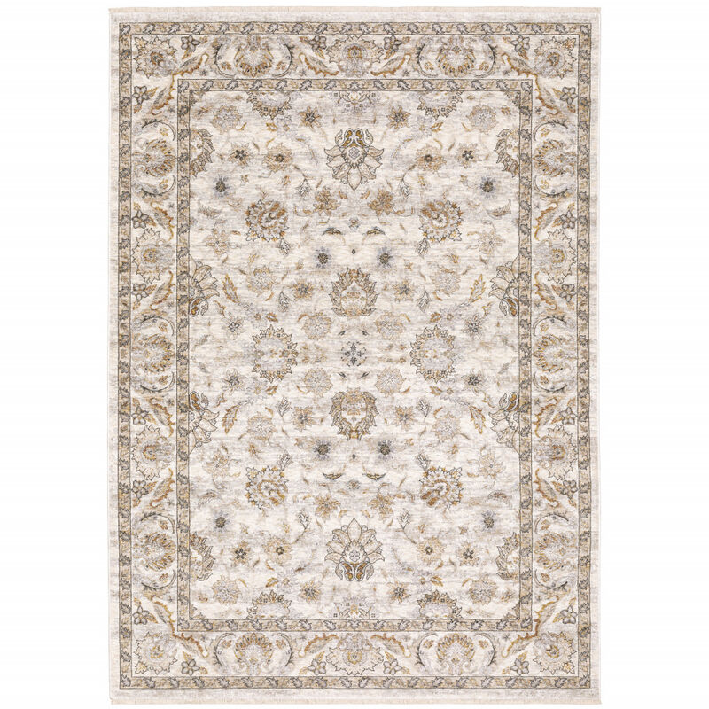 10 X 13 Ivory And grey Oriental Power Loom Stain Resistant Area Rug With Fringe