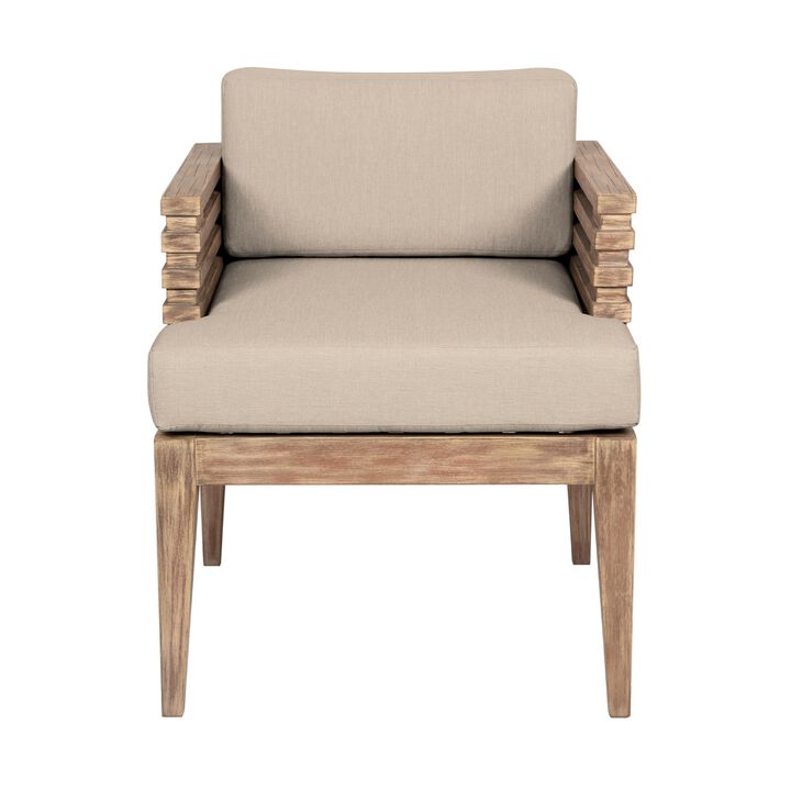 Hida 24 Inch Outdoor Patio Dining Chair, Ridged Brown Wood, Olefin Cushions - Benzara