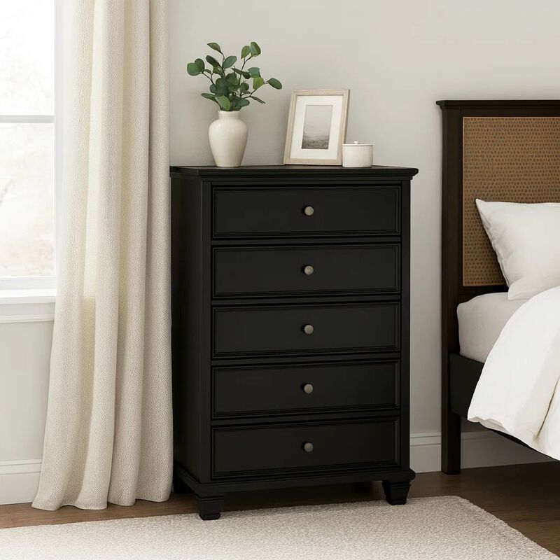 Lemo Tall Dresser Chest, 5 Drawer, Nickel Round Knob, Black Solid Wood image number 7
