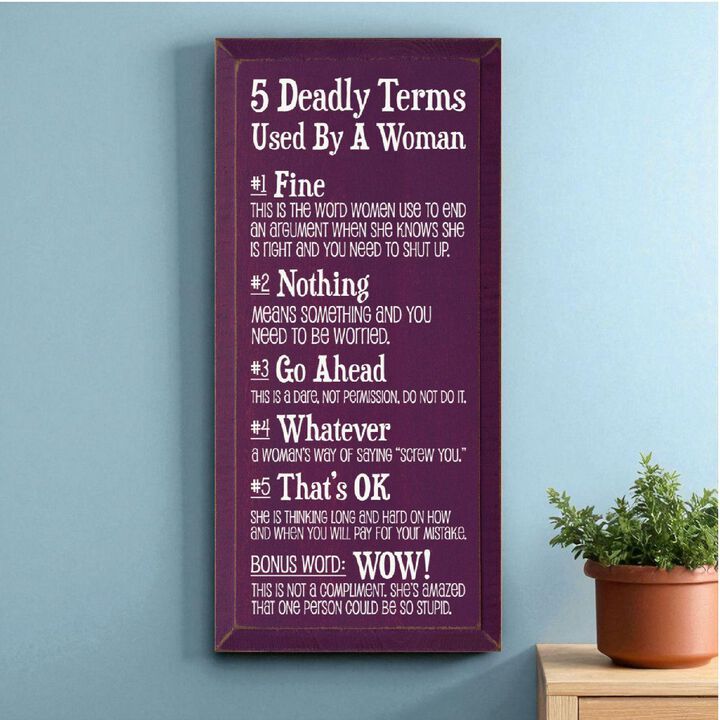 5 Deadly Terms Used by a Woman Funny Wood Sign Wall Decor