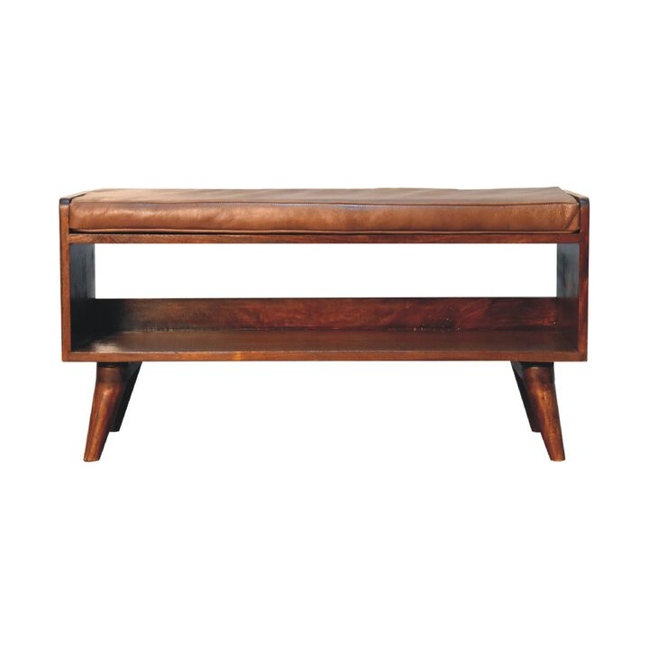Artisan Furniture Chestnut Bench with Brown Leather  Solid Wood Seatpad