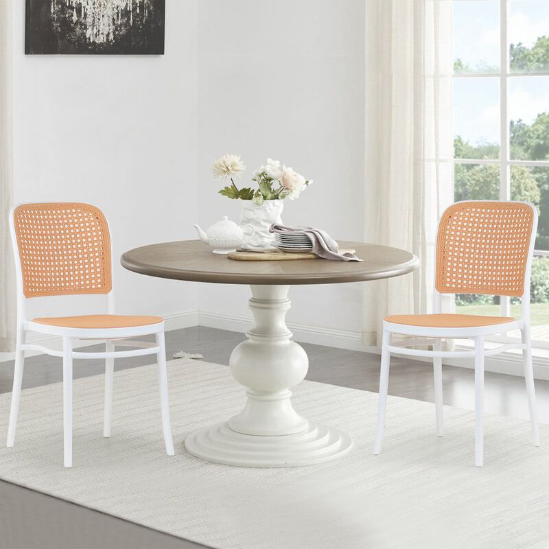 Glamour Home Set of 2 Balto White Plastic Dining Chair with Rattan Detail