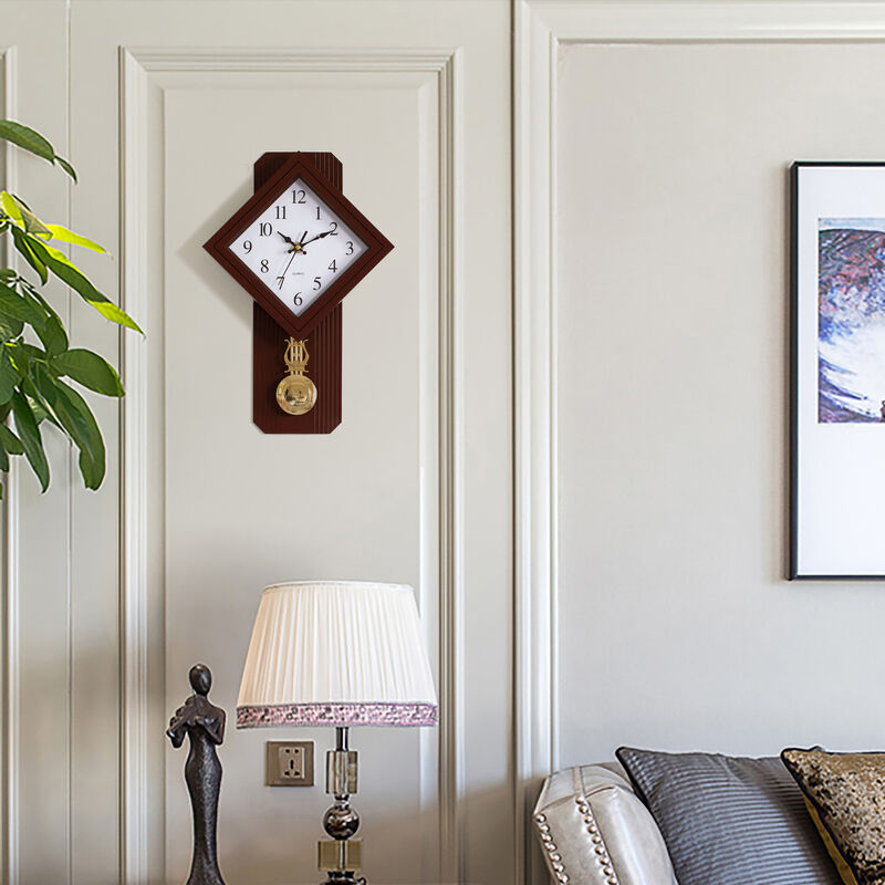 Wood-Look Pendulum Plastic Wall Clock, Farmhouse Decor for Living Room, Kitchen, or Dining Room, Silent Clock with Roman Numerals, Battery Powered, Large Decorative Wall Clock, Easy-to-Read, Brown