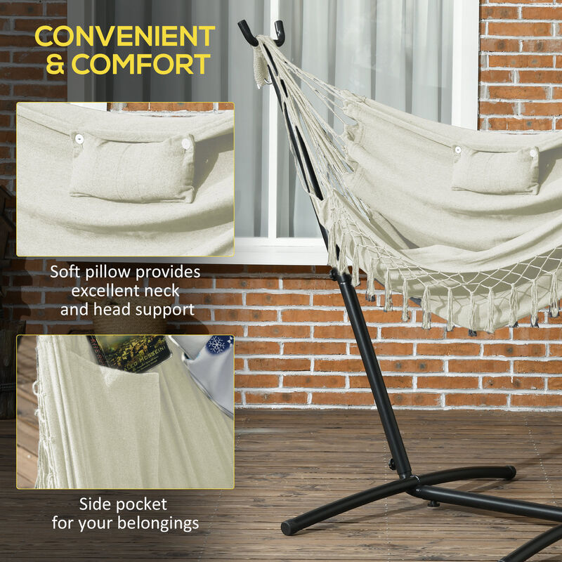 Outsunny Patio Hammock Chair with Stand, Outdoor Hammock Swing Hanging Lounge Chair with Side Pocket and Headrest, Cream White