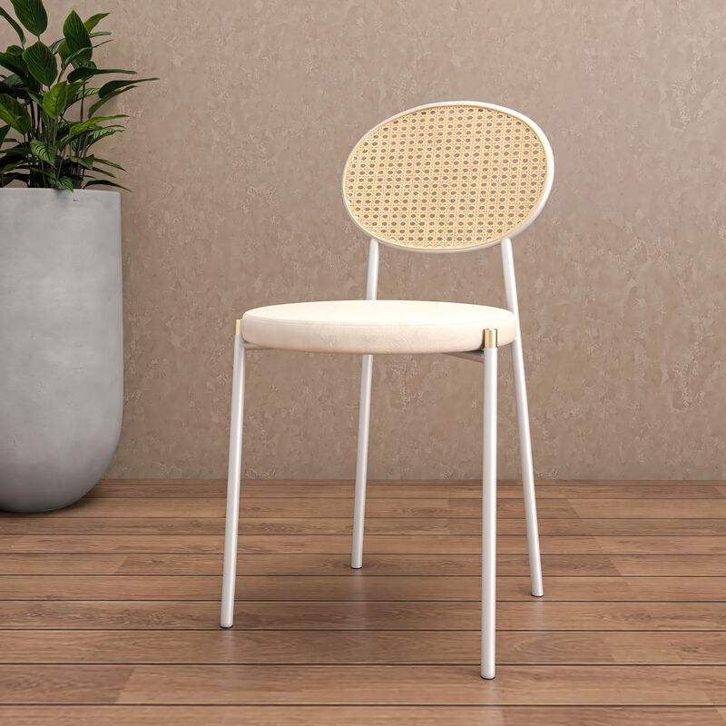 LeisureMod Velvet Dining Chair Rattan Back Side Chair Comfortable Kitchen Chair with Stainless Steel Base Euston Collection