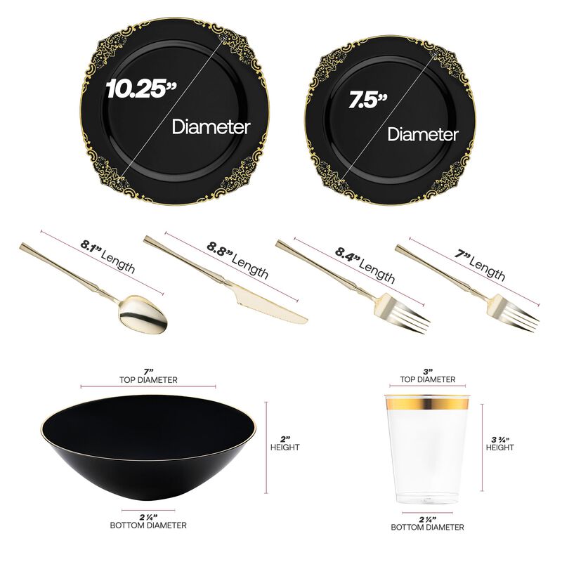 Black with Gold Fancy Round Plastic Tableware Set (60 Sets) image number 4