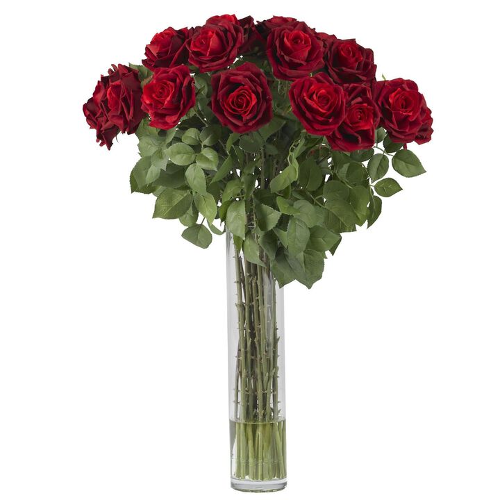 Nearly Natural Large Rose Arrangement w/18-in Glass Cylinder