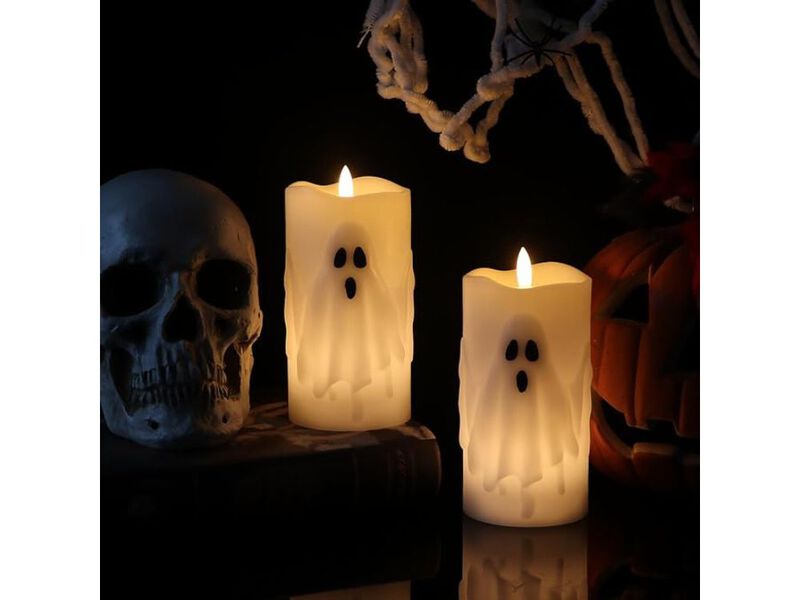 2-Pack Ghost Flameless LED Candles &ndash; 3"x6.5" Halloween Pillars with Remote & Timer for Indoor Decor & Gifting image number 2