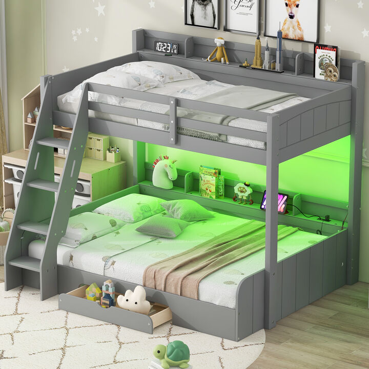 Merax Twin-over-Full Bunk Bed with Storage, LED & Charging Station Loft Beds
