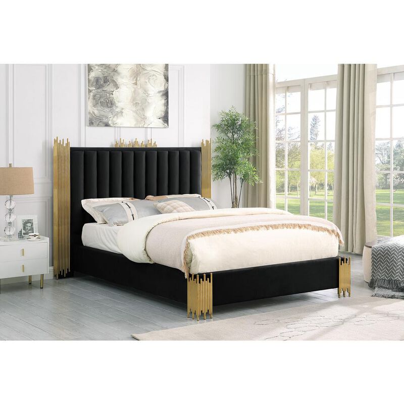 Best Quality Family Queen size Black velvet bed with gold corners (Platform)