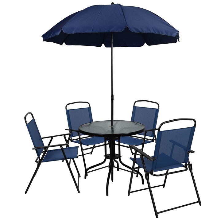 Flash Furniture Nantucket 6 Piece Patio Garden Table Set - Umbrella Table - Set of 4 Navy Folding Chairs