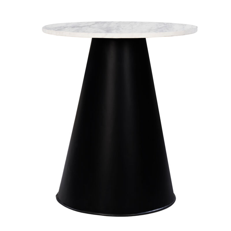 Riko Side End Table, White Natural Marble 18 Inch Round Top, Modern Black Pedestal Base