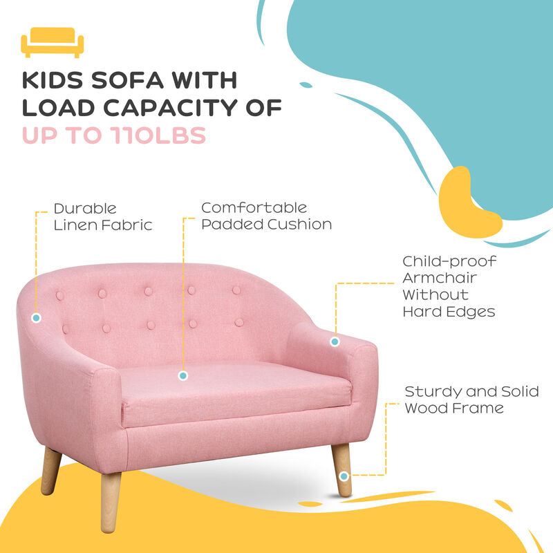 Cozy Children Sofa Couch Sturdy Wood 2 Seat Armrest Chair Kids Pink