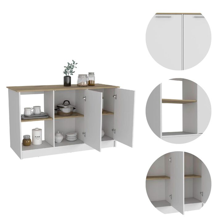 DEPOT E-SHOP Coral Kitchen Island, Two Cabinets, Four Open Shelves, Light Oak / White