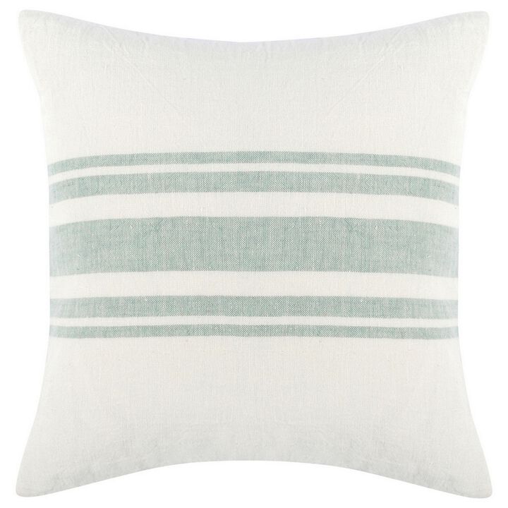 22 Inch Square Linen Accent Throw Pillow, Stripe Design, Eucalyptus, White-Benzara