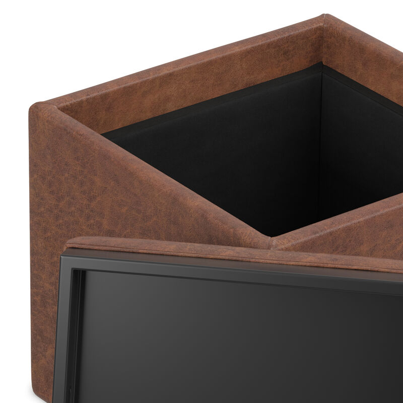 Rockwood 17 inch Wide Contemporary Square Cube Storage Ottoman with Tray in Distressed Saddle Brown Vegan Faux Leather, Assembled image number 7
