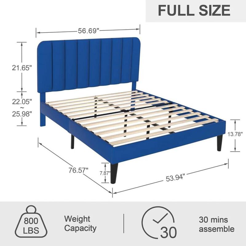 Hivvago Full size Blue Upholstered Platform Bed Frame with Headboard