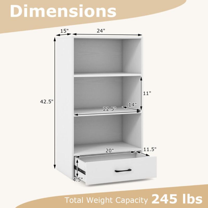 Hivvago 4-Tier Storage Bookcase with Open Shelves Drawer and Anti-toppling Device