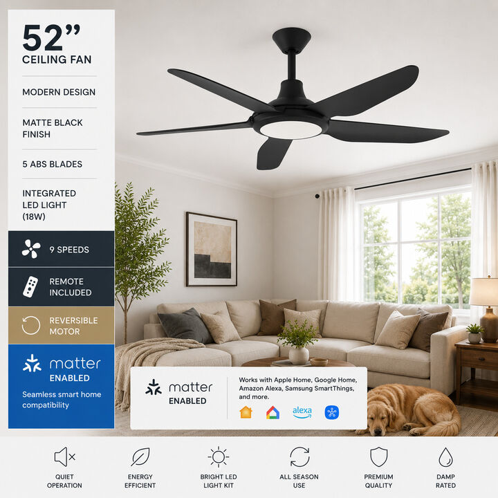 ENLIGHT 52" Smart DC Ceiling Fan with Light, Matter Smart Home Integration, CCT and Dimmable LED, 5 Blades, Damp/Outdoor Covered Rated