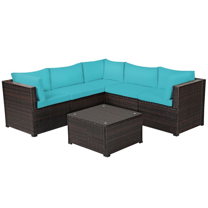 6 Pieces Patio Rattan Furniture Set Sectional Cushioned Sofa Deck