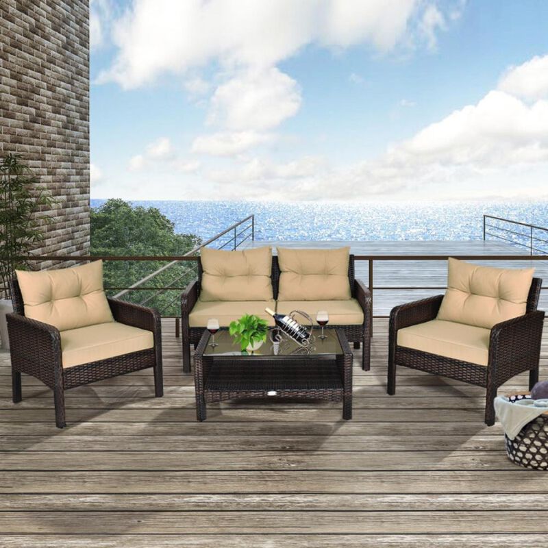 Hivvago 4 Pieces Patio Rattan Sofa Set Free-Combination with Cushion and Coffee Table