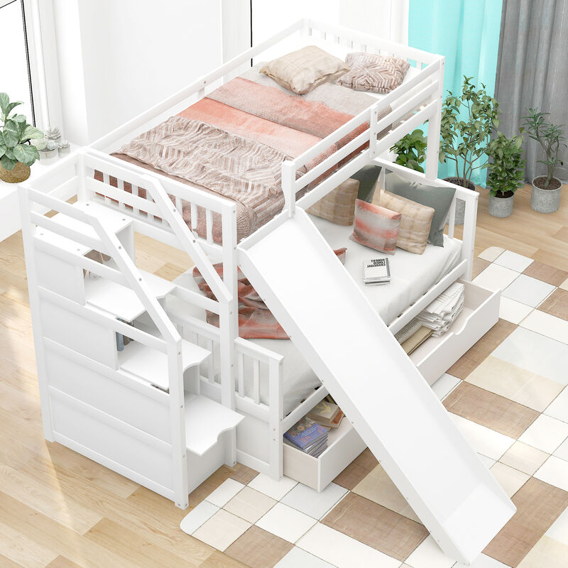 Whisen Twin over Full Bunk Bed with Drawers, Slide & Storage, Solid Pine for Kids Bedroom image number 4
