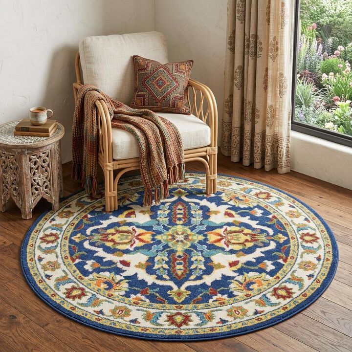 HomeRoots Round Floral Power Loom Area Rug