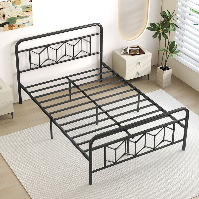 Minimalist Platform Bed with Tall Headboard and Snap Lock Metal Slats