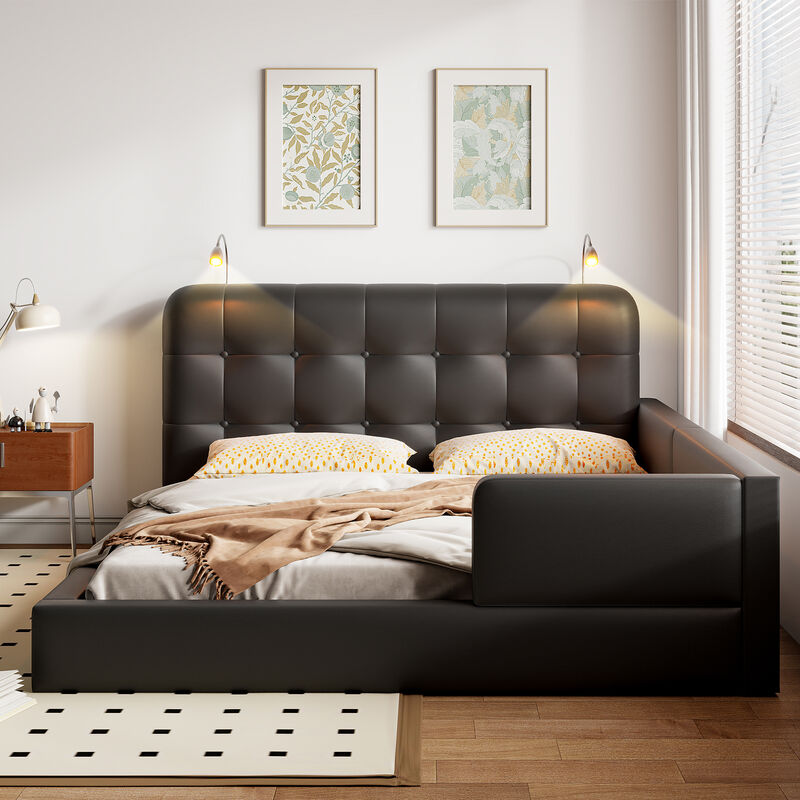 Merax PU Leather Upholstered Platform Bed with 2 Reading Lights