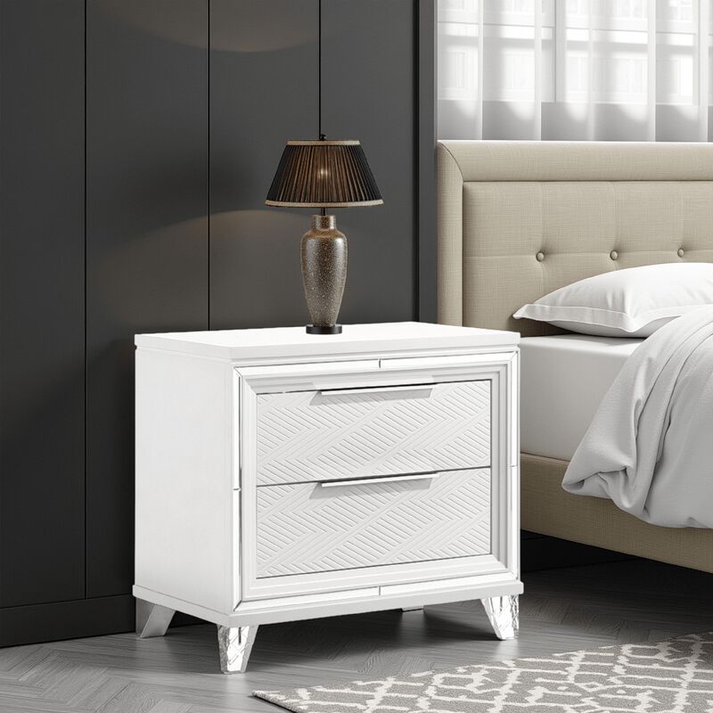Mory Nightstand, 2 Drawers, Embossed Herringbone Pattern White, Chrome - Benzara