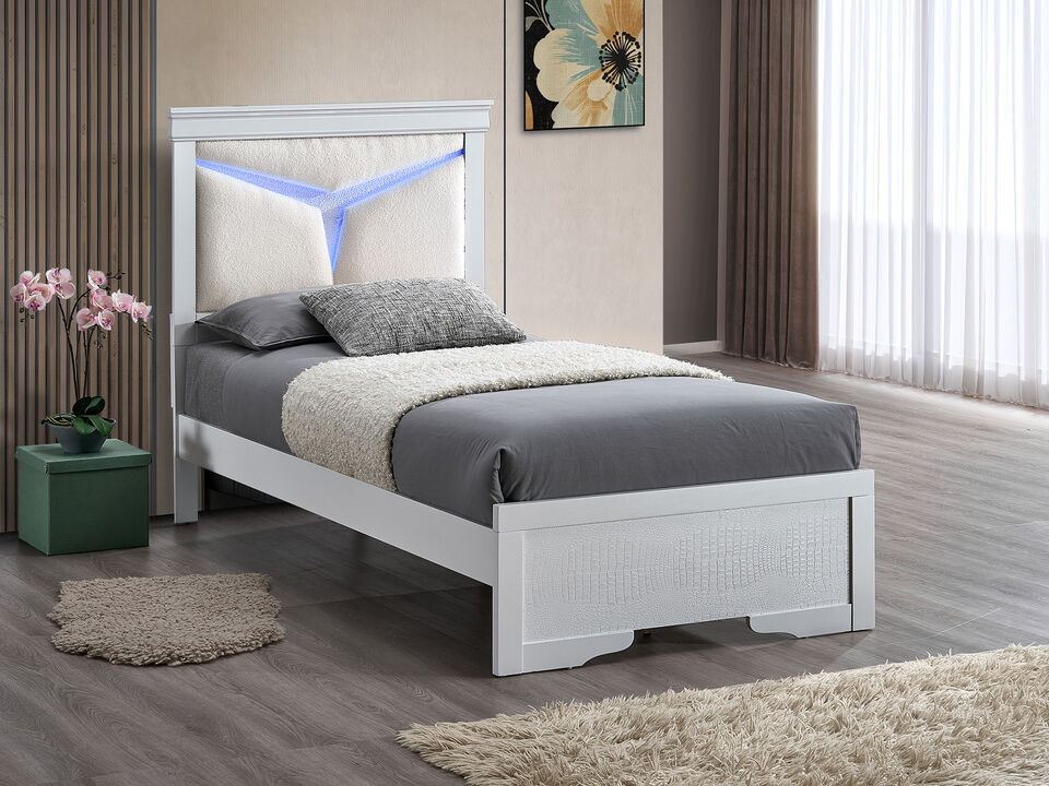 Lorana Sparkling White Wood Frame Twin Panel Bed with LED Lighted Headboard