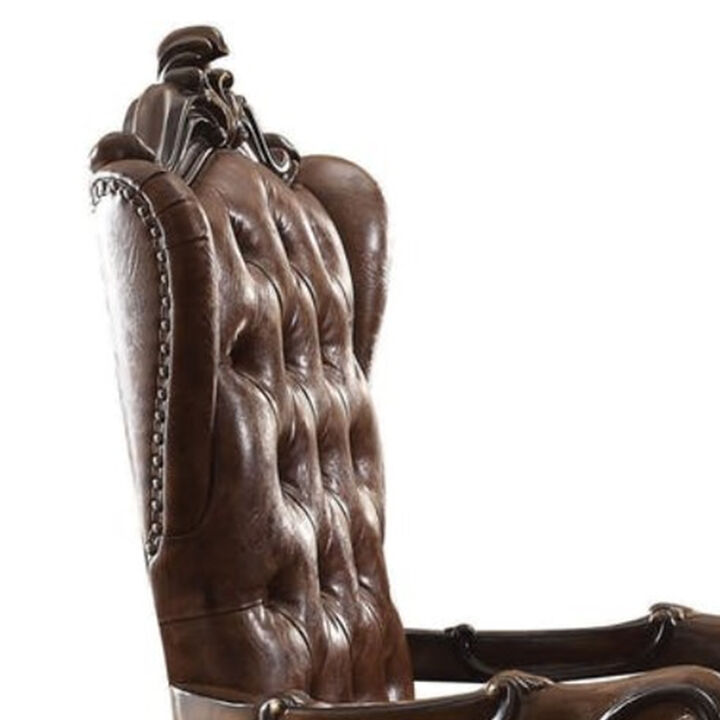 Faux Leather Upholstered Wooden Executive Chair With Swivel, Cherry Oak Brown - Benzara