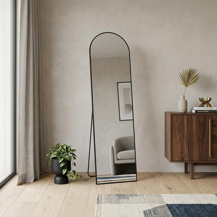 HomeRoots 59" Black Metal Arch Wall Mounted Leaning Or Freestanding Framed Full Length Mirror