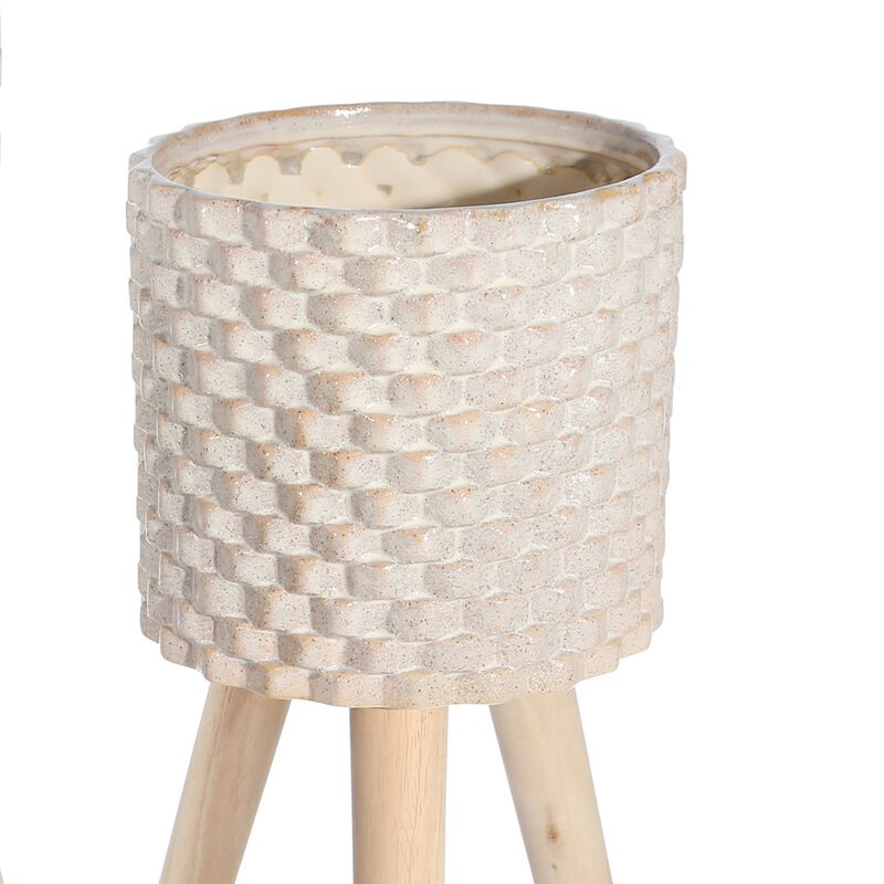 Textured Ceramic Planter with Tripod Legs, Set of 2, Cream and Brown-Benzara