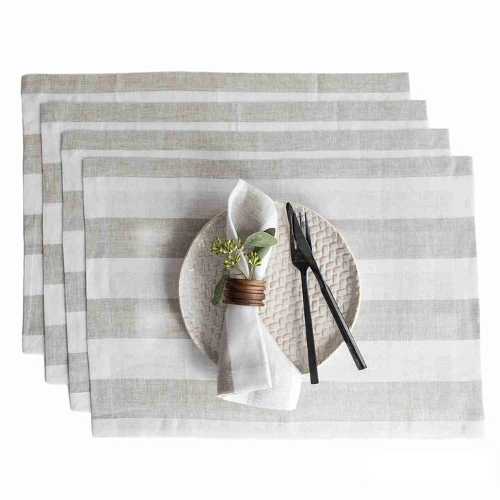 Solino Home 100% Pure Linen Placemats 14 x 19 Inch Set of 4 - Cabana Stripe