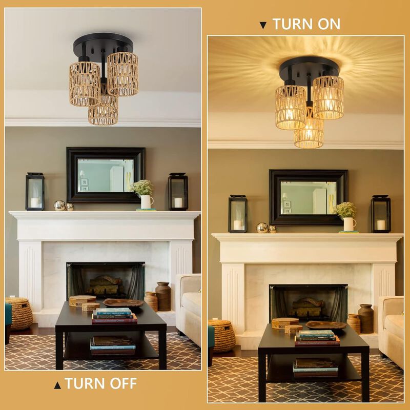 ELEMENT ACE 3-Light Hand-Woven Natural Rattan Semi Flush Mount Ceiling Light, Boho Rustic Farmhouse Style Ambient Lighting for Hallway Living Room Bedroom Entryway image number 8